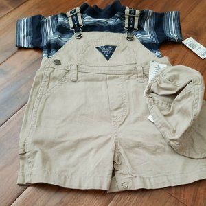 Boy's Khaki Overall Shorts with Blue Striped Shirt & Hat~ Size 18 M~ Beluga~NWT‎